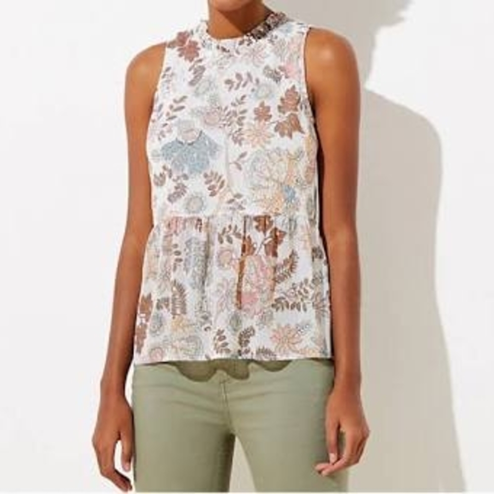 NWT LOFT Shimmer Floral Tie Back Peplum Shell - Whisper White XL